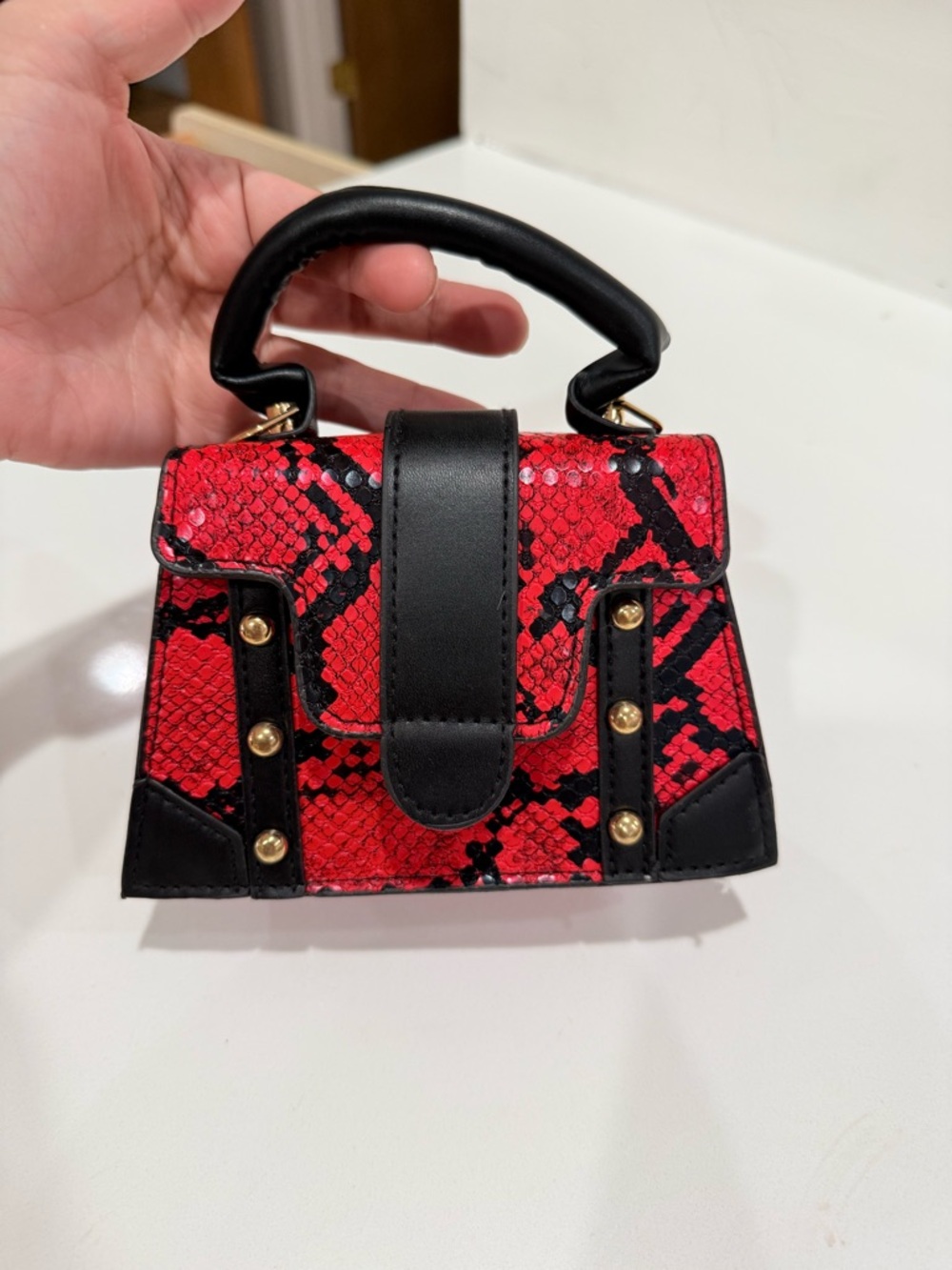 Red Snake-Print Mini Top-Handle Bag with Black Trim